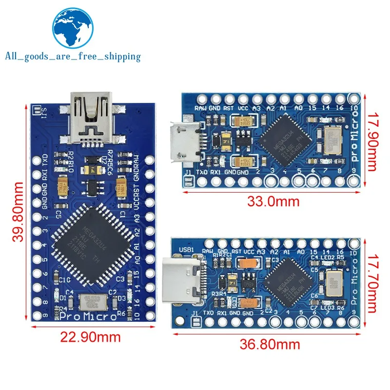 TZT Pro Micro ATmega32U4 5V 16MHz Replace ATmega328 For Arduino  Pro Mini With 2 Row Pin Header For Leonardo Mini Usb Interface