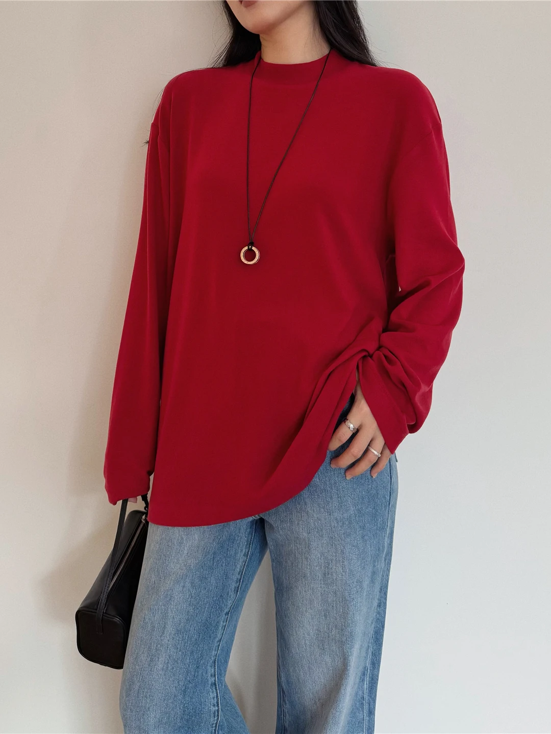 

uop Autumn Fce Version Lazy Casual Simple f High Collar Loose Silhouette mid Sve Long Sve T-irt Women's Fas...