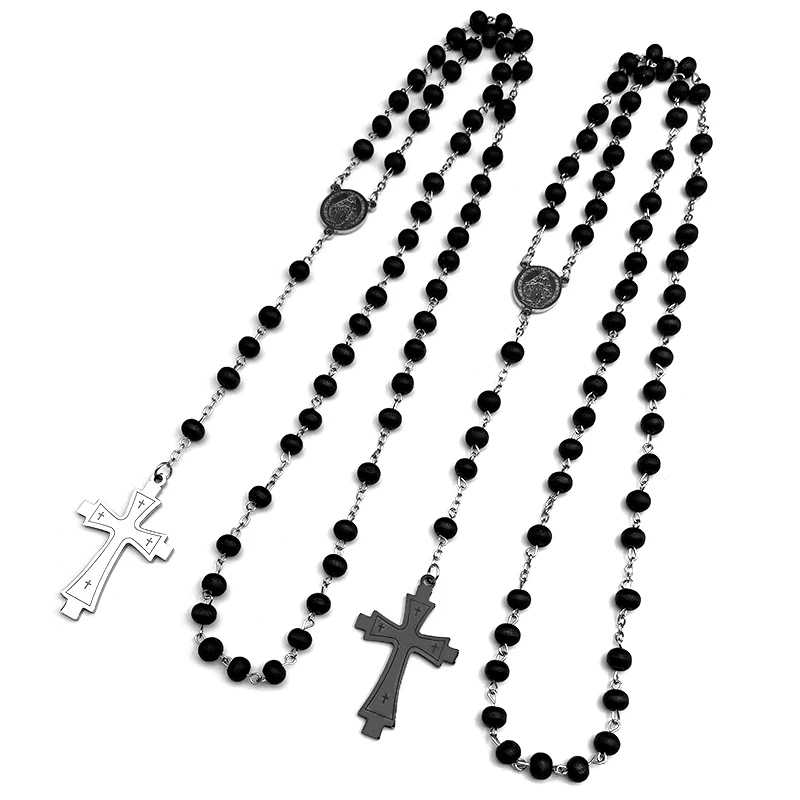 

Christian Jesus Cross Stainless Steel Silver Color Statement Necklace for Women Men Long Prayer Beads Chain Jewelry Gift