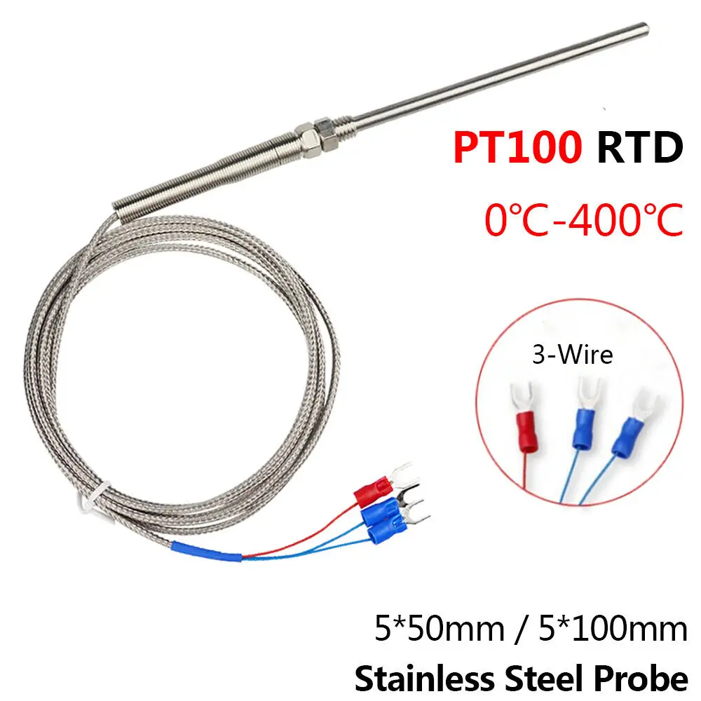 PT100 RTD Temperature Sensor Resistance 2 meter  Thermometer 3-Wire 400℃ Probe 5*50/100mm