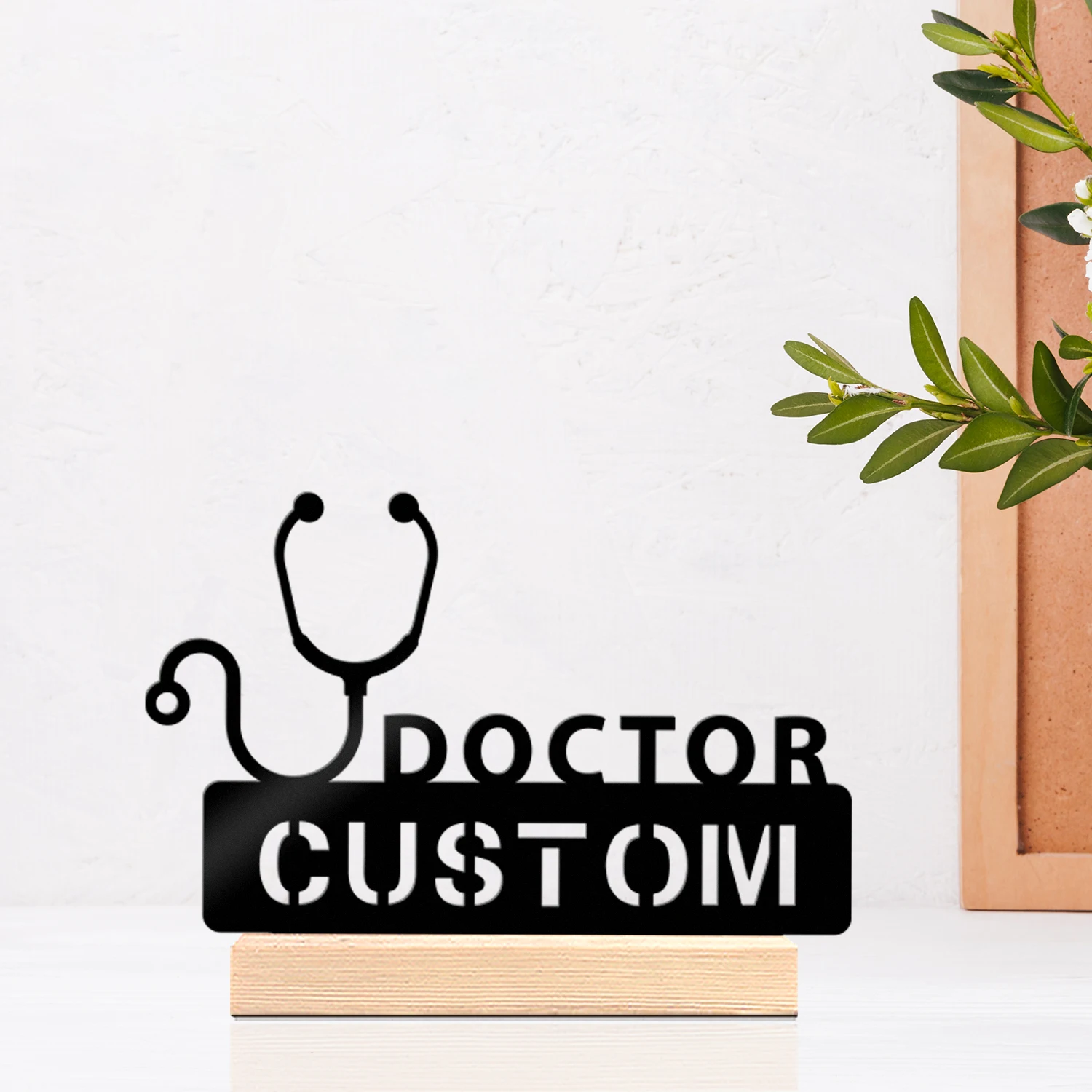 1pc Personalized Stethoscope Shaped Metal Ornament, Customized Content, with Wooden Base, Desktop Decoration, Office Decoration