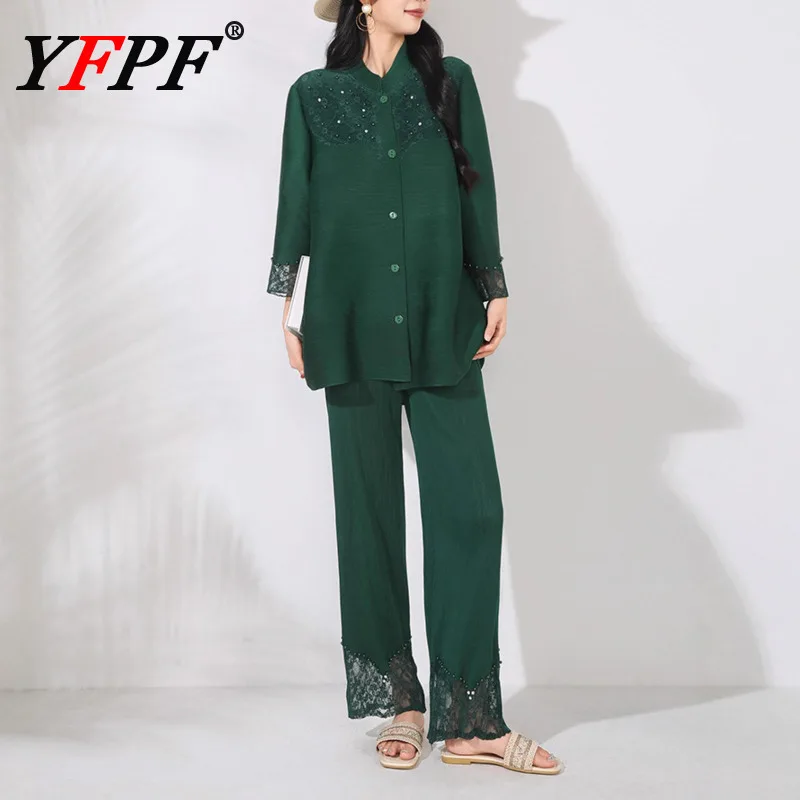 

YFPF 2025 Miyake Pleated Two Piece Set For Women Fashion Lace Design Button Blouse + Long Pants Office Lady 2025 Autumn New