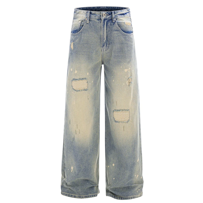 

GXFortune American Retro Straight Leg Washed Light Blue Jeans Men's High Street Wide Leg Floor-Length Pants Unisex