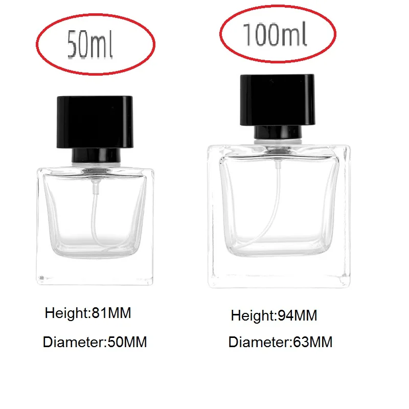 6pcs Glass Atomizer Empty Square Transparent Bottom Cosmetic Packaging Black Crimp Pump Mist Spray Perfume Bottles 50ml 100ml