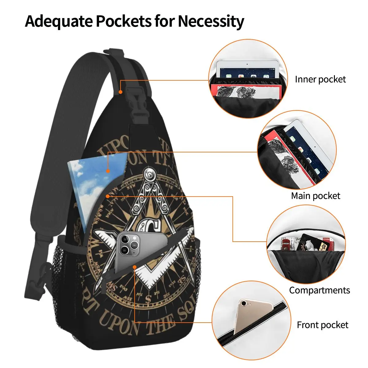 Unisex Freemasonry Square Chest Bag, Crossbody Bag, Mochilas de Ombro, Moda Esportiva, Viagem, Mulheres, Homem