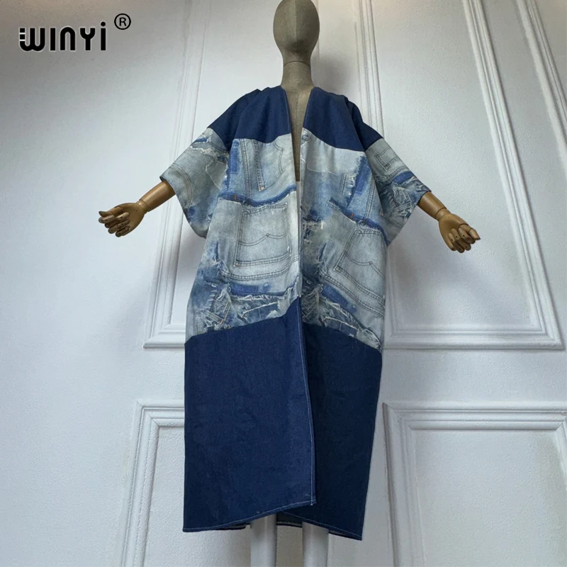 WINYI Kimono Printed denim patchwork wash denim Cardigan maxi Dress eleganckie wakacje pływanie okrycie plażowe Up modna sukienka abaya