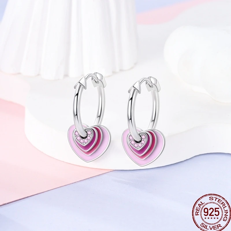 New 925 Sterling Silver Ladies Princess Pink Gemstone Bow Sweet Heart Design Earrings Suitable Fit Party Exquisite Jewelry Gift