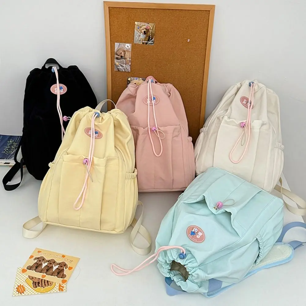 Solid Color Fresh Color Drawstring Backpack Nylon Large Capacity Students School Bag Travel Bag Korean Style Shoulder Bag Travel