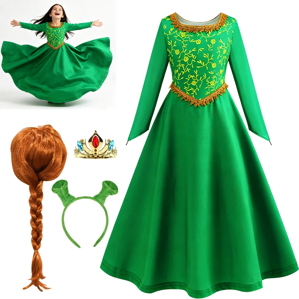 Shrek Kids Costume Fiona Green Princess Long Dress Costume Set with Crown Wig for Girls Halloween Party Cosplay Summer Outfit