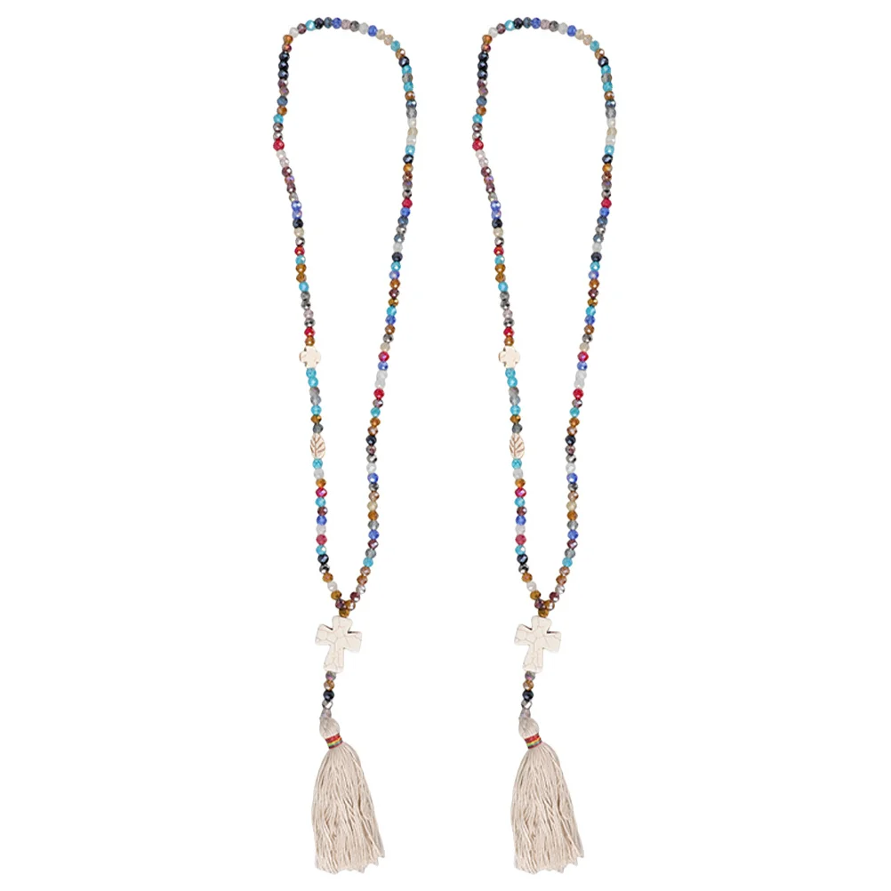 

2Pcs Boho Crystal Tassel Handmade Religious Jewelry Prayer Accessory Boho Beaded Necklace Christian Wood Jewelry