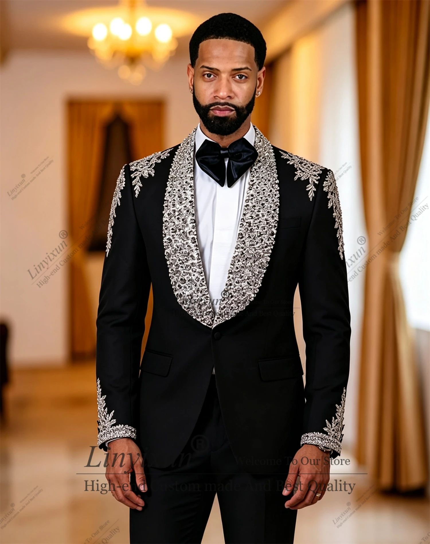 Suit suitable for the groom Beaded Stones Suits Men For Wedding Peaked Lapel Blazer Customized Costume Homme Man Banquet Tuxedos
