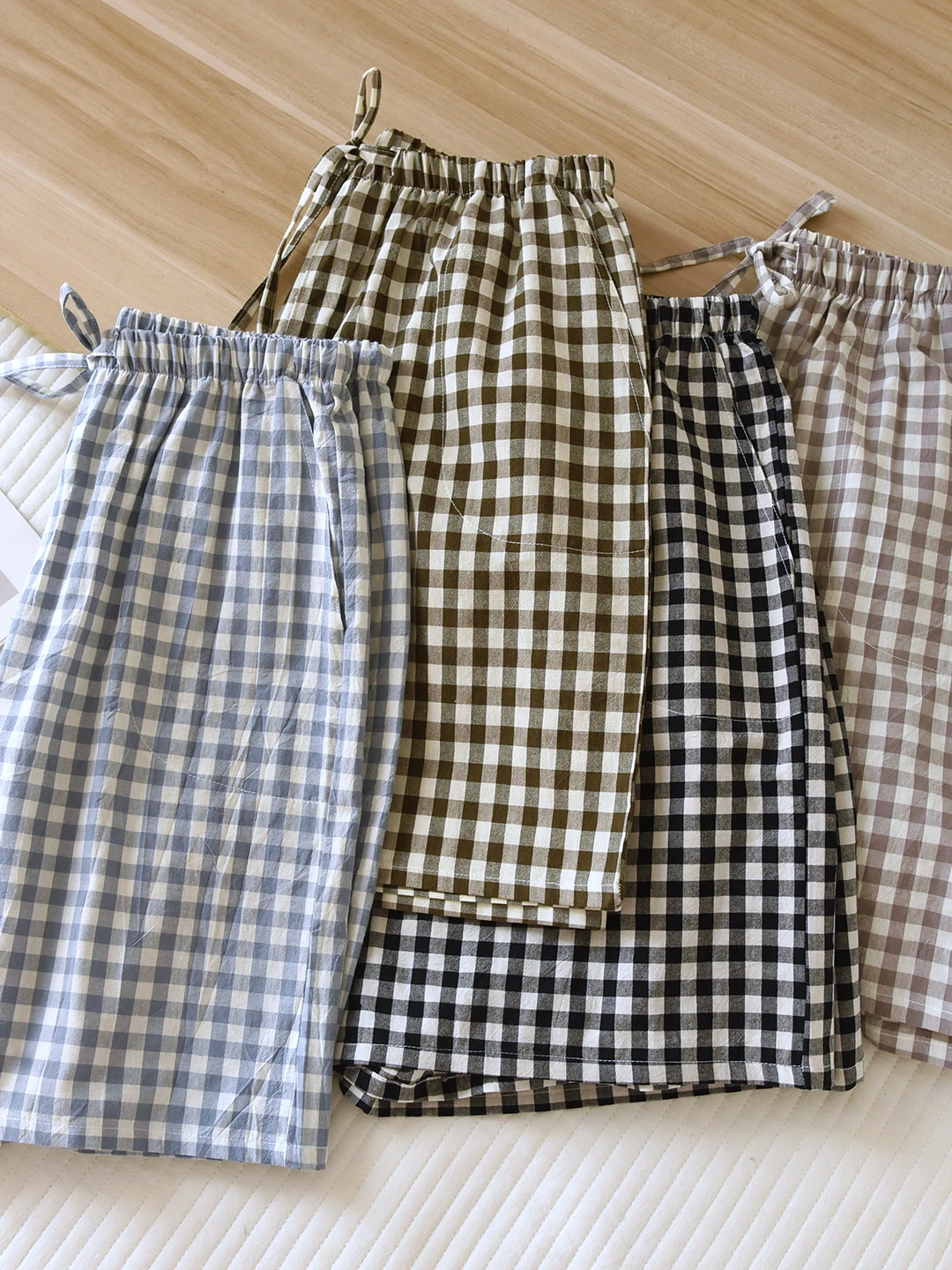 Washed Pure Cotton Plaid Men's Shorts Casual Five-Quarter Length Summer Beachwear High Waist Cotton Pajama Pants for Youth