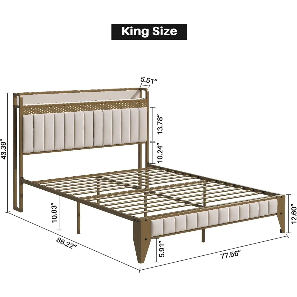 LED Bed Frame with Charging Station, King Size Bed Frame with Headboard Storage, Sturdy and Durable