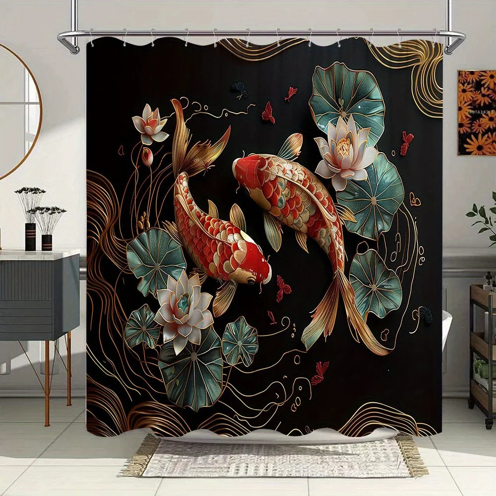 

Азиатская занавеска для душа с рыбой кои, красное золото, рыба, лотос, восточное искусство, элегантный декор для ванной комнаты, водонепроницаемая занавеска для ванны с принтом