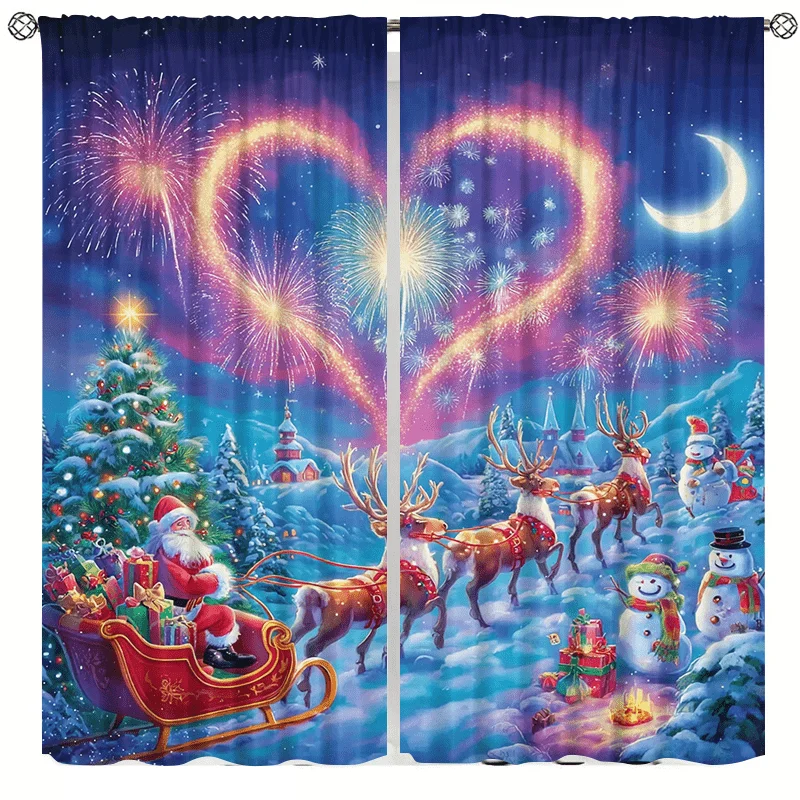 Heart Firework Santa Sleigh Reindeer Curtains 2 Panels, Crescent Moon Snowman Xmas Tree Snowy Village Colorful Holiday Curtain