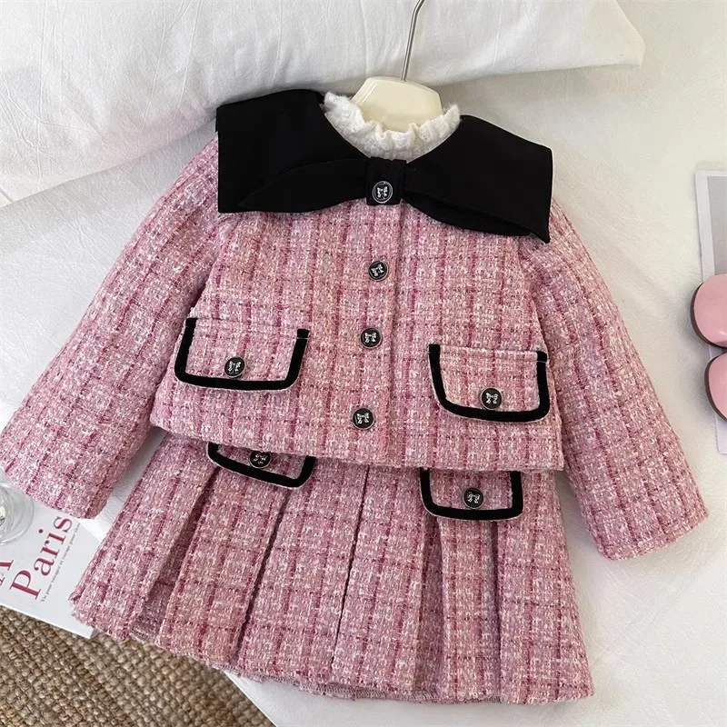 

TOY-Winter New Girls' Long Sleeve Thickened Coat Set Baby Plaid Short Skirt Two-Piece Set