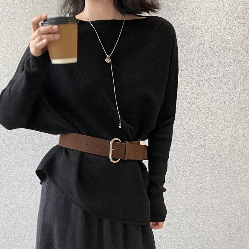 بلوزة كورية متماسكة بدون أكتاف، بلوزة بحزام بأكمام طويلة للنساء في أوائل الخريف أنيقة