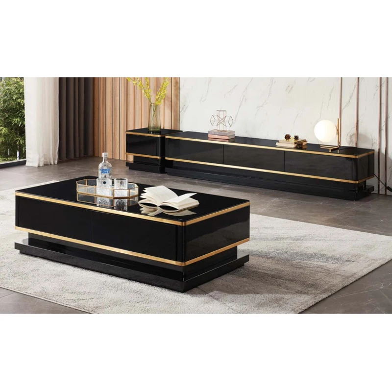 Modern Luxury Wooden Black TV Stand and Coffee Table Set Simple Home Furniture Living Room Slate Glass Top Center Table