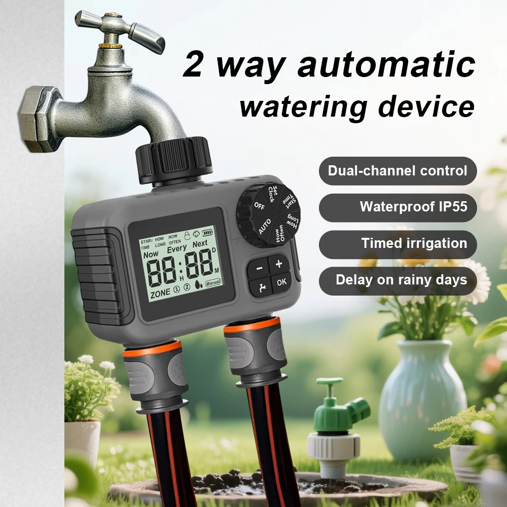 

Outdoor Garden Water Timer Dual Outlets Automatic Irrigation Timer Smart Irrigation Watering System Faucet Hose Water Valve