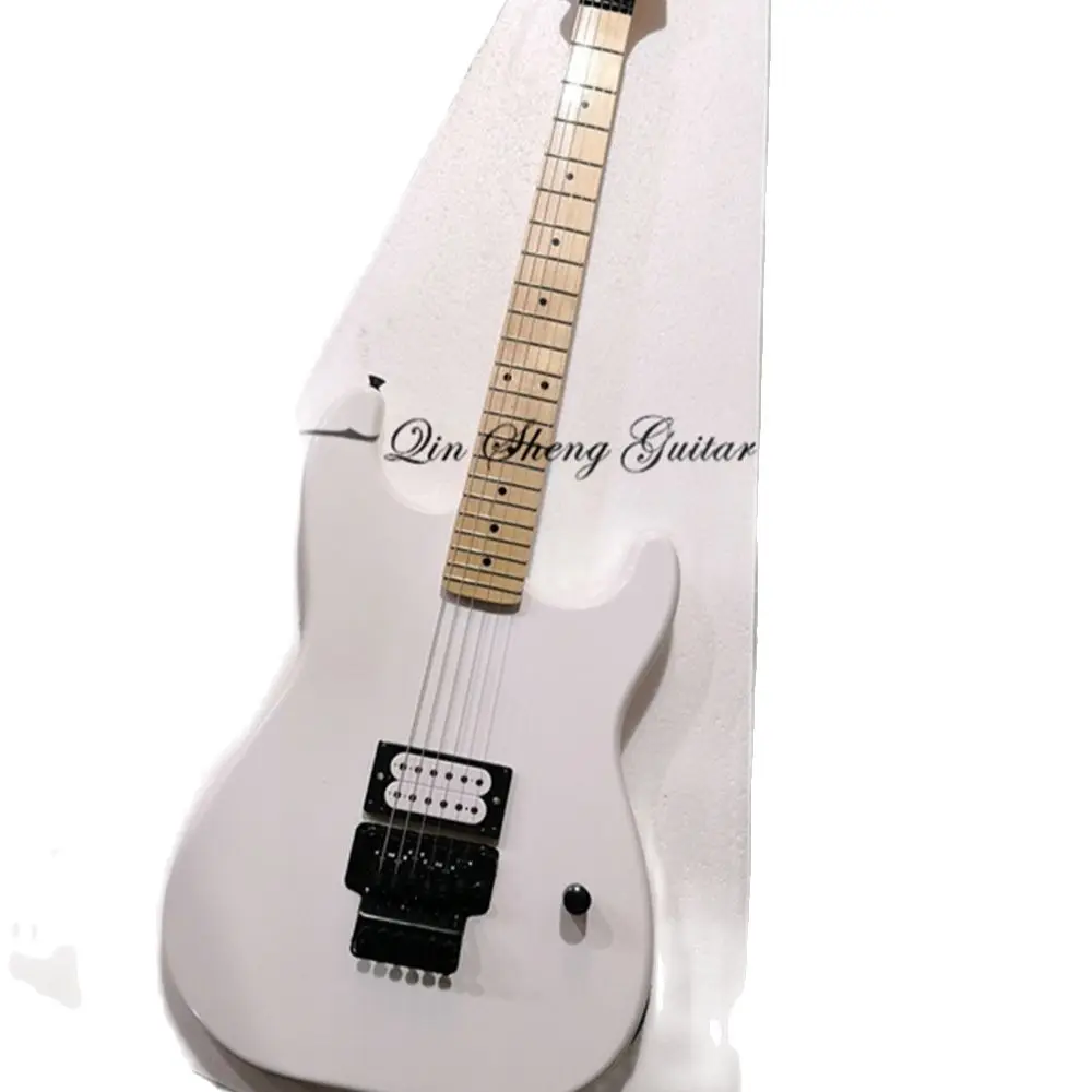 Char white guitar, 6-string electric guitar, black tremolo bridge, white pickups, white head