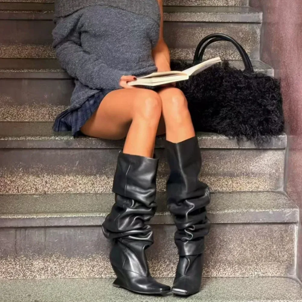 Women Square Toe Slouch Knee High Boots Suede Wedge Heel Tall Boots Stylish Slip on Footwear for Autumn Winter Party Daily Wear