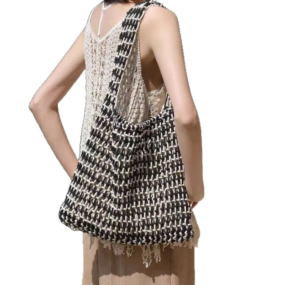 

2026 Niche Design Hand-crocheted Wax Rope Shoulder Bag Lazy Feeling Classic Large Capacity Tote Texture Unique Fashion Simple