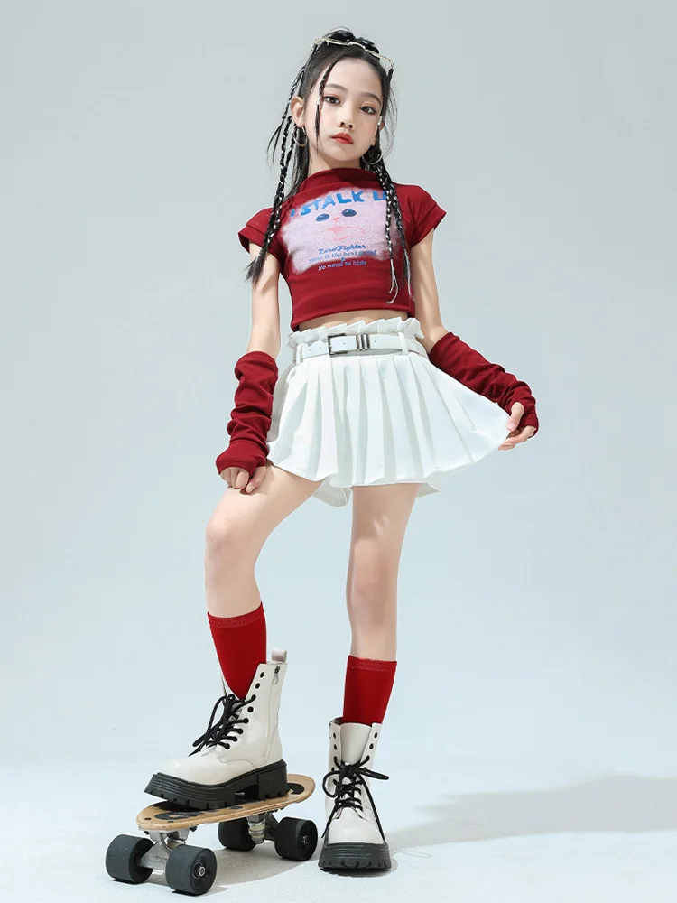 Kid Hip Hop Clothing Cat Mock Neck Crop Top T Shirt Arm Sleeve White Skirts for Girl Jazz Dance Costume Hip-hop Clothes