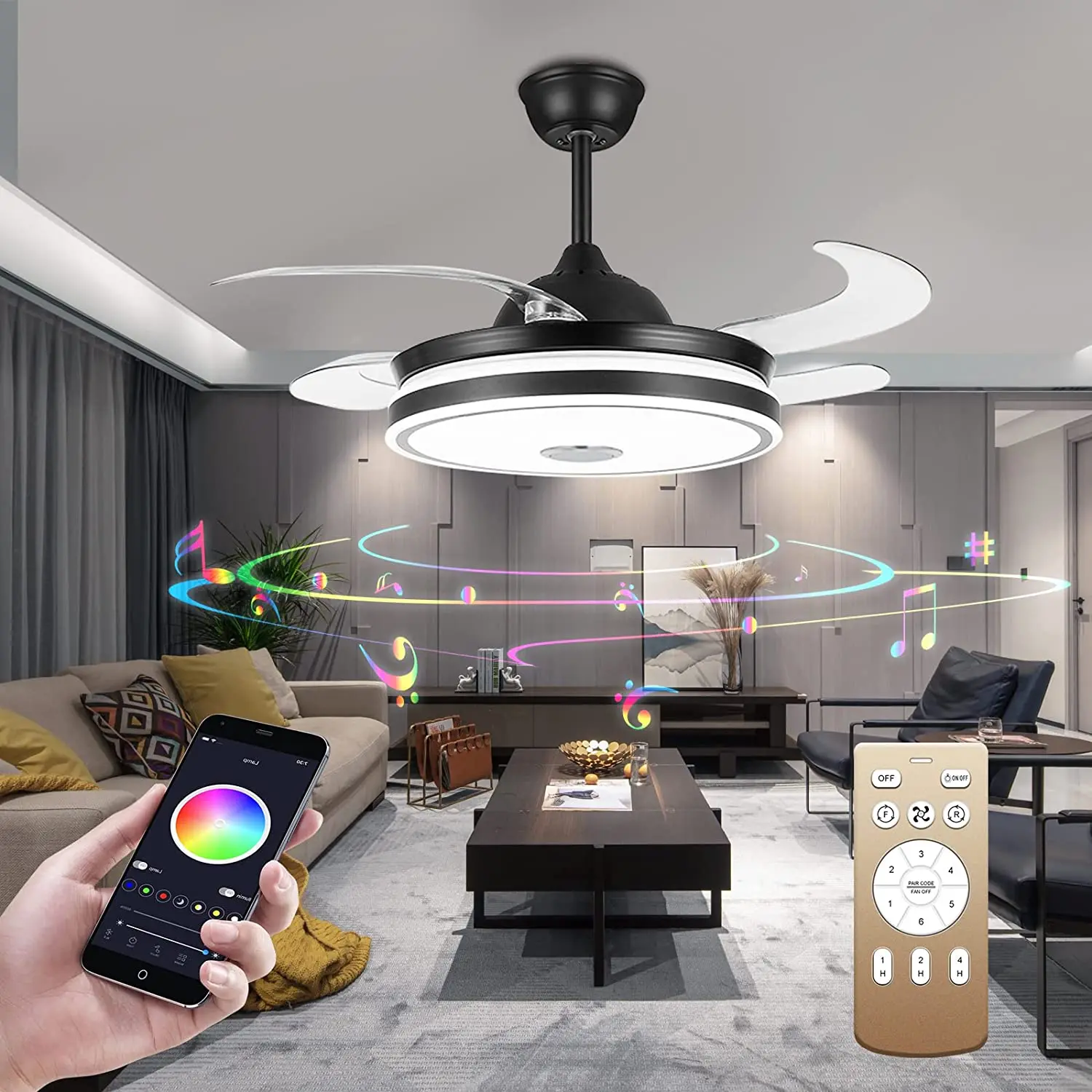 Ventilateur de Plafond RGB avec Haut-Parleur Bluetooth et Télécommande, Idéal pour un Salon ou un Restaurant