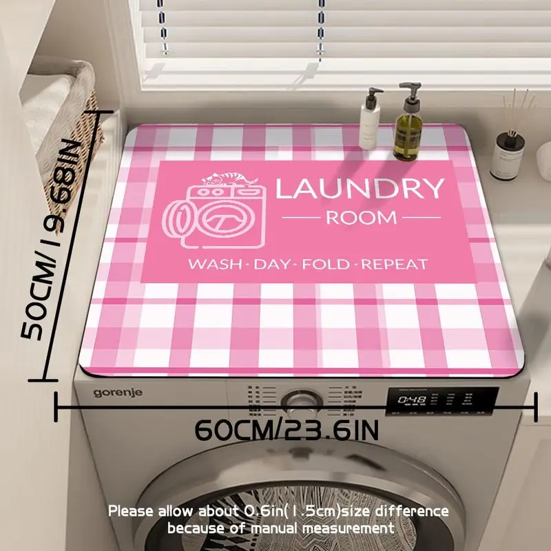 VIKAMA Pink White Gingham Laundry Room Sign Washing Machine Top Mat Waterproof Non Slip Dryer Dust Sweet Laundry Decor Pad