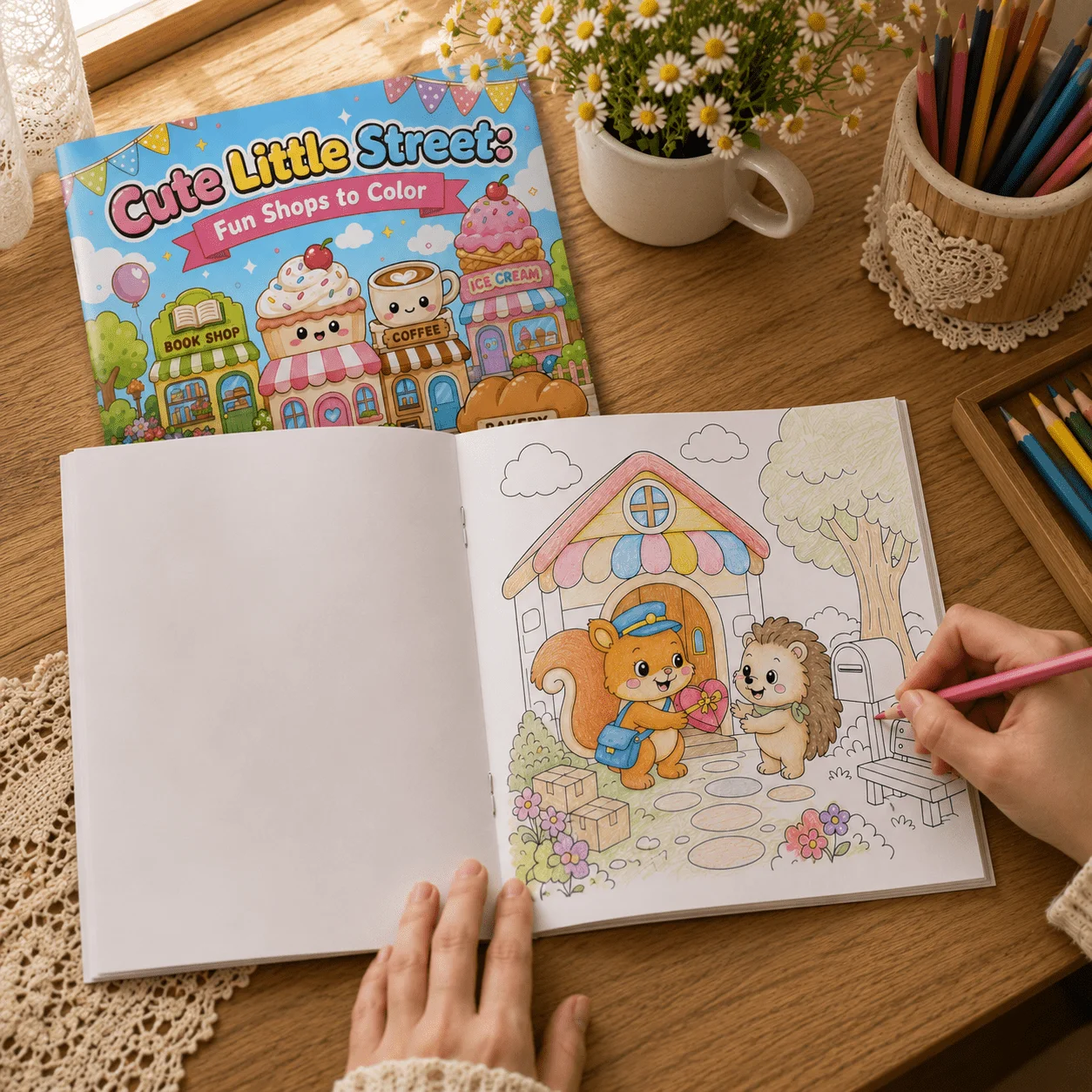 Cute Little Street Adult Coloring Book, Cozy Shops, Sweet Town Scenes, Friendly Animals and Storefront Illustrations