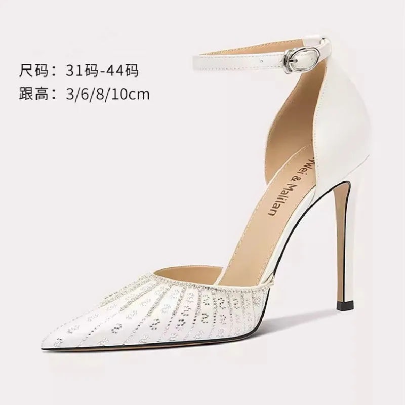 Spring/Summer Pointed Silk Face Rhinestone Wedding Shoes Thin High Heel Banquet Dress Large and Small Size Women's Sandals