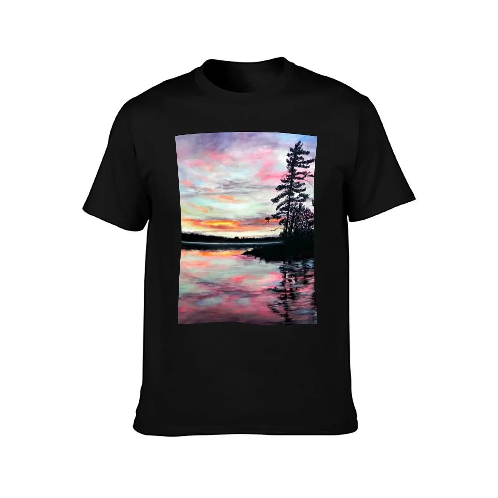 Water Lake Reflection Sunset Pink Sky Painting T-Shirt sports fans Luxury man mens tall t shirts