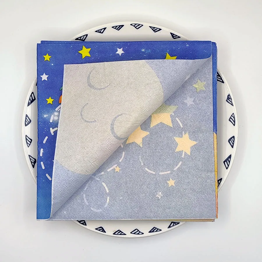 10/20pcs Cosmic Blue Paper Napkins Double Sided w/ Smiling Planets & Rocket Flames | Disposable Table Decor for Galaxy Party
