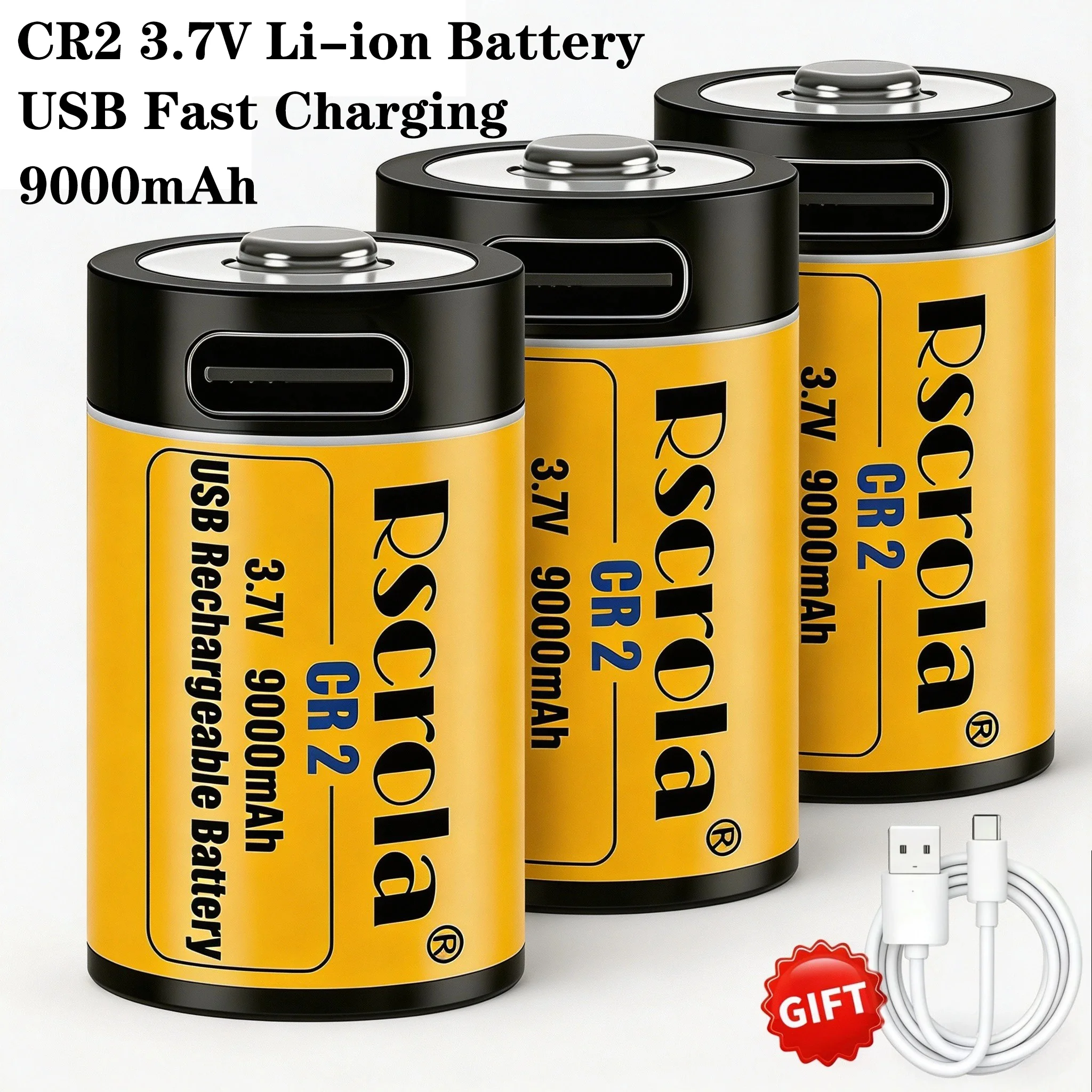 Long-Lasting CR2 Rechargeable Battery 9000mAh 3.7V, High Capacity Li-ion USB Fast Charge for GPS Camera Medical