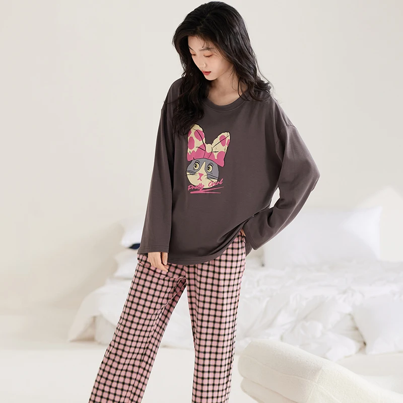 Cat Pajamas Set Women Pink Plaid Cute Kawaii Long Sleeves Long Pants Autumn Winter Soft Pijamas Cozy Sleepwear Girls Pyjamas Pjs