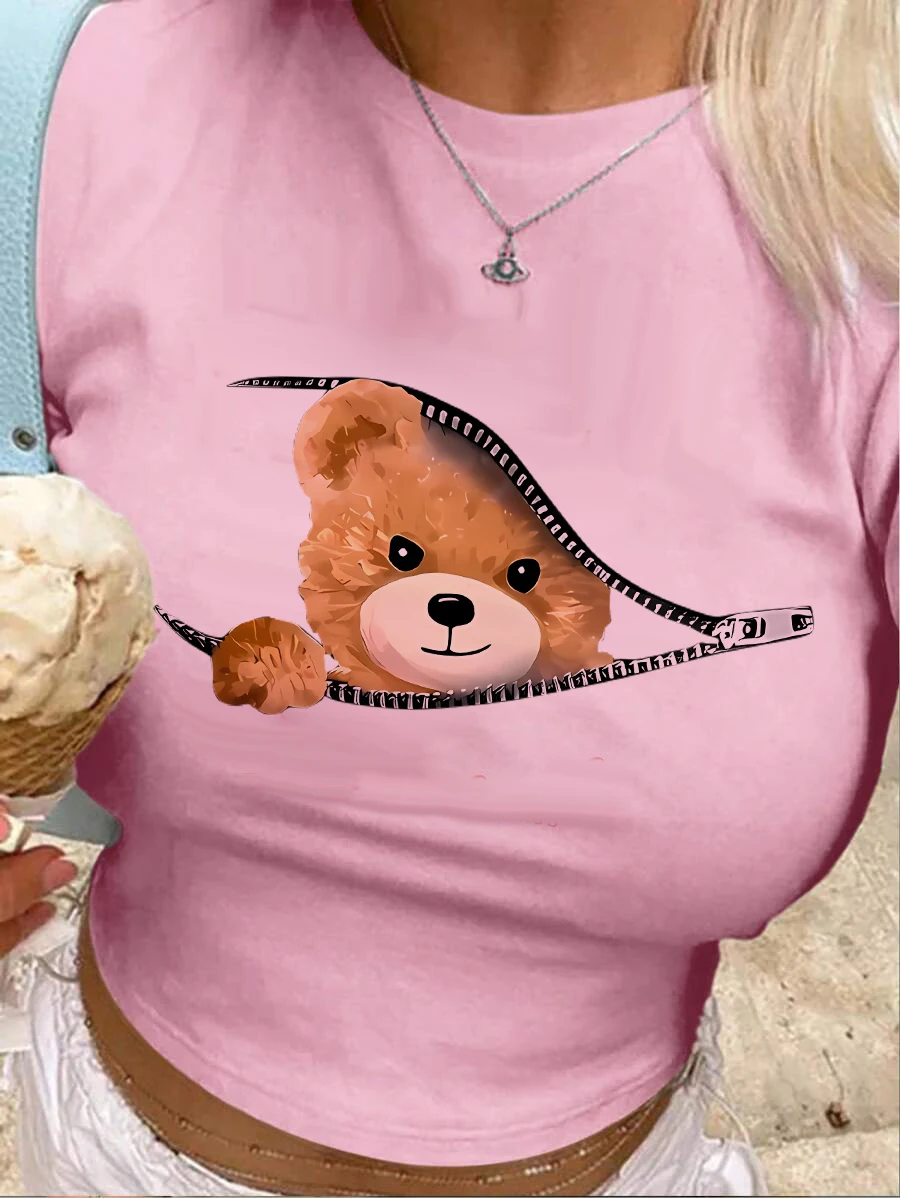 مضحك Kawaii الدب تصميم اقتصاص الفتيات المحاصيل الأعلى تي شيرت المرأة طباعة قميص تي شيرت مثير الأعلى المحملة #1