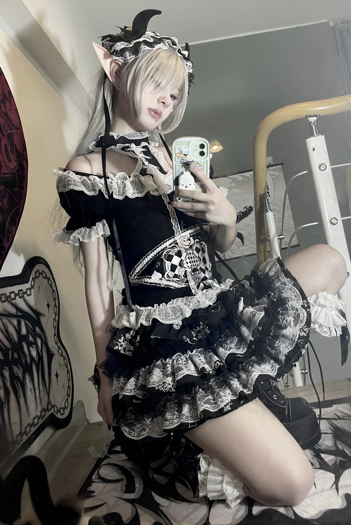 Subculture Halter Neck Off Shoulder Short Sleeve Cute Sweet Punk Gothic Printing Shirt Back Wings Lace Kawaii Black Shirt Summer