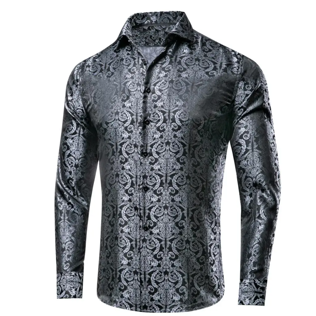 

Hi-Tie Brand Black Silver Silk Mens Shirts Lapel Long Sleeve Social Shirt Jacquard Paisley Male Blouse Clothing Wedding Business