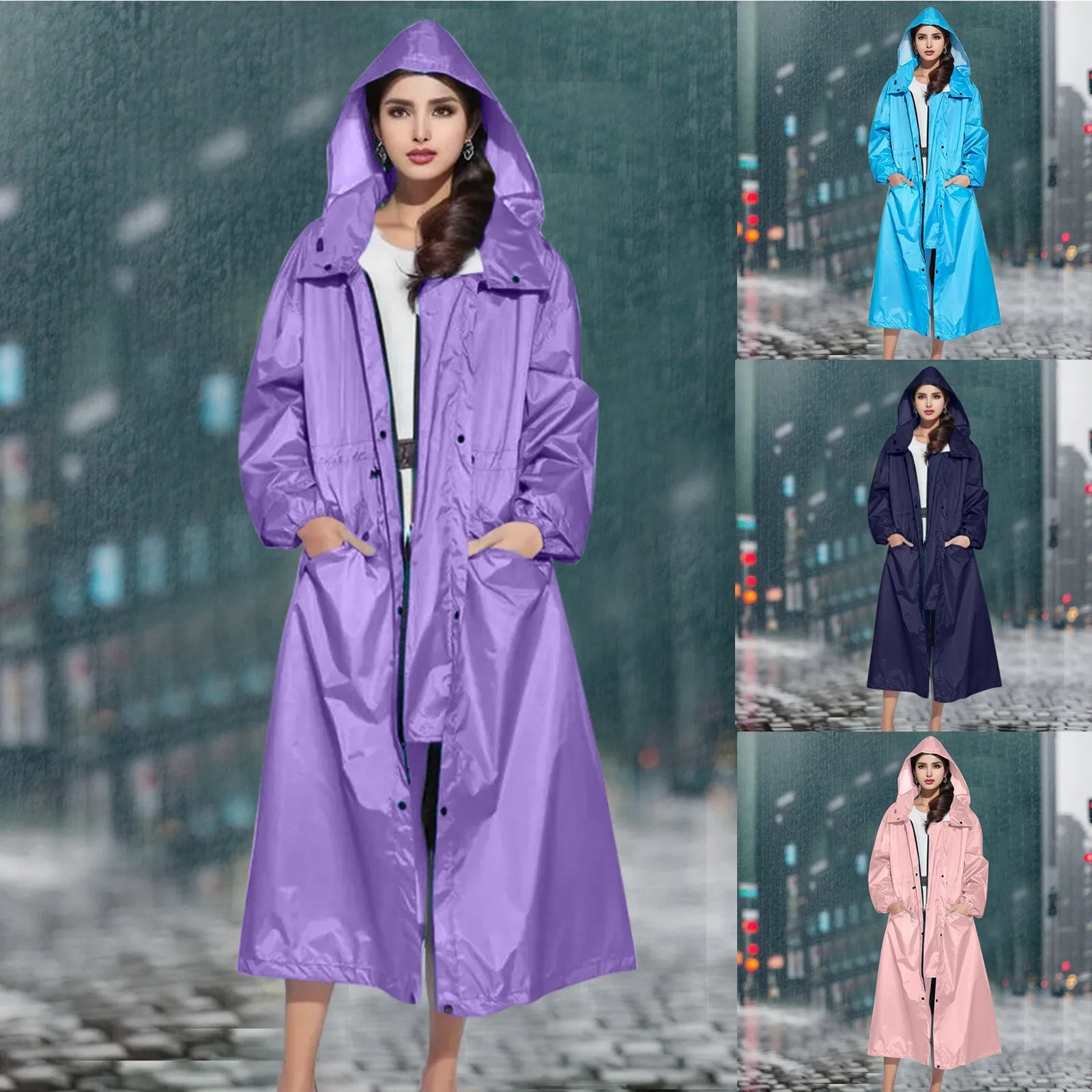 

Womens Rain Jacket With Hood Lightweight Long Sleeve Windbreaker Zip Up Drawstring Raincoat With Pockets Full Zip