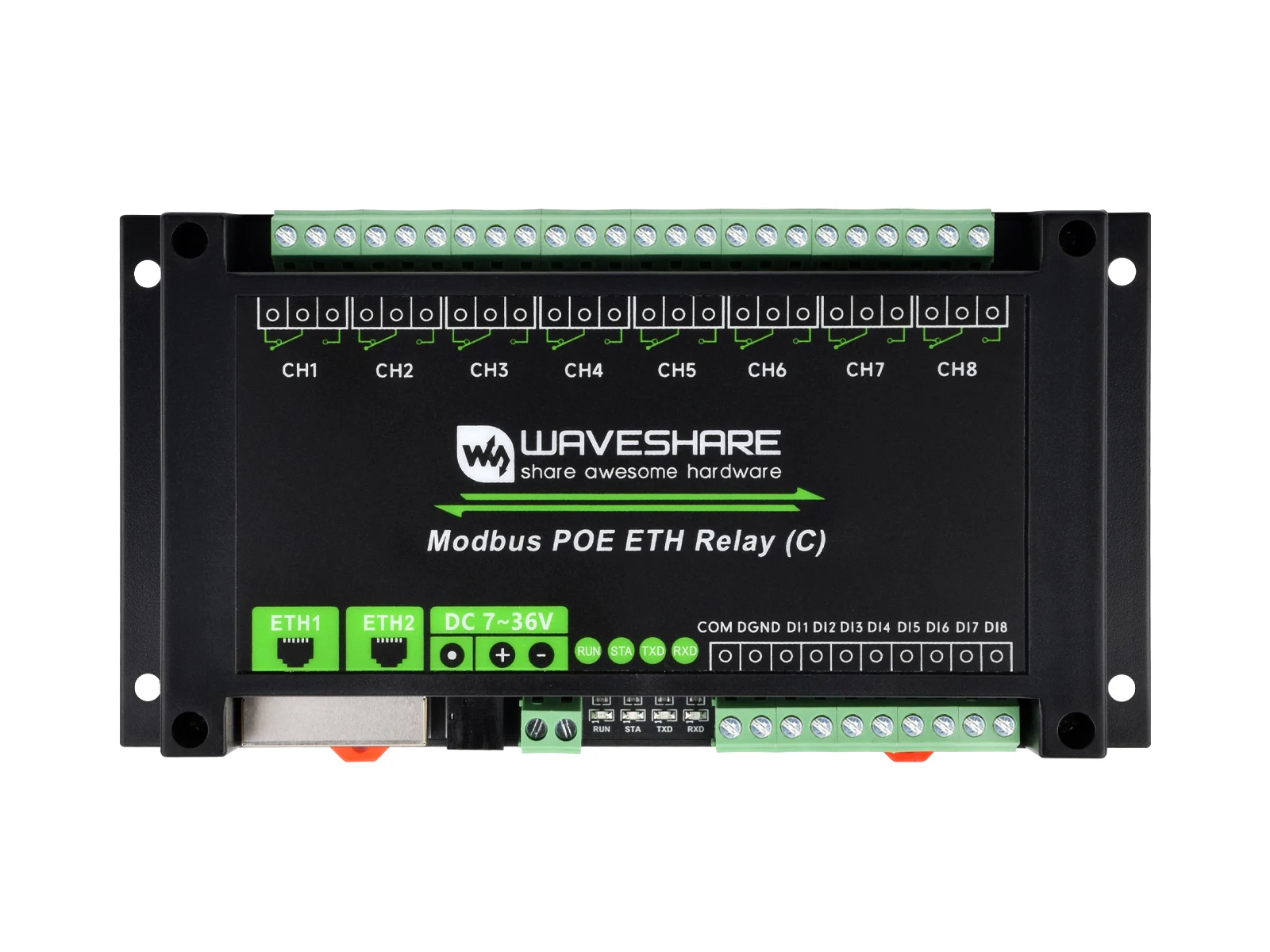 8-канальный релейный модуль Waveshare с двумя портами Ethernet (C), протокол Modbus RTU, источник питания PoE, с различной изоляцией