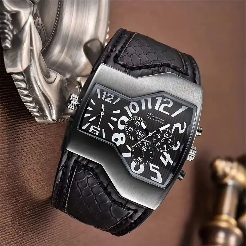 Unique Punk-Style Watch with Dual Time Zone Display, Classic Style Men's Watch - Leather Watch, Fashionable, Casual, Versatile, Street Style, Trendy Men's Student Quartz Watch, Ideal Gift Choice