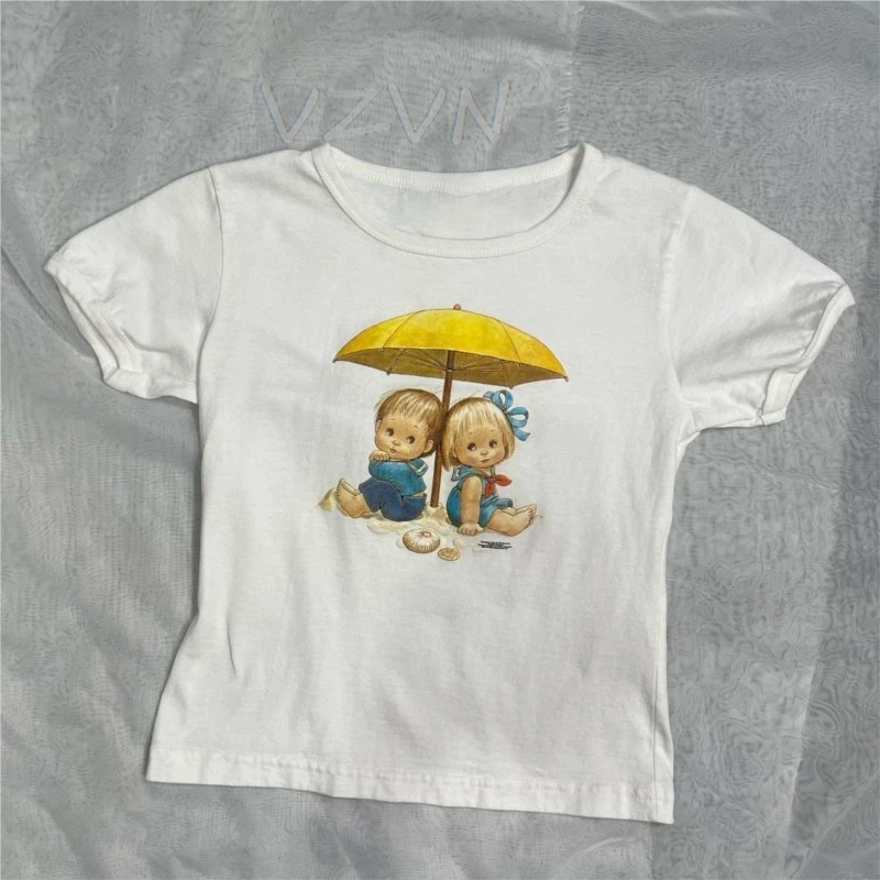 

Y2k Kawaii Baby doll printed Baby Tees 2000s Girls clothing Summer retro crop tops 90s Vintage Kpop Emo Gothic Streetwear