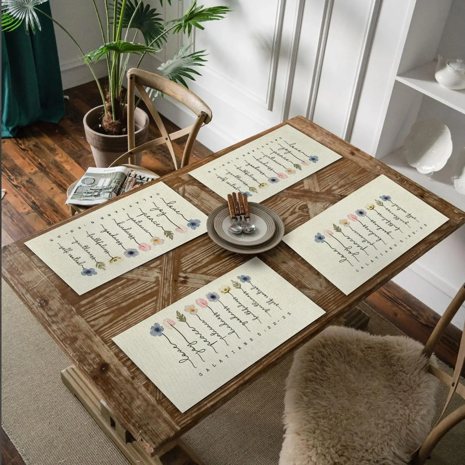 Christian Placemats Set of 4 Fruit of The Spirit Floral Bible Verse Scripture Table Mats Place Mats for Kitchen Dining Table