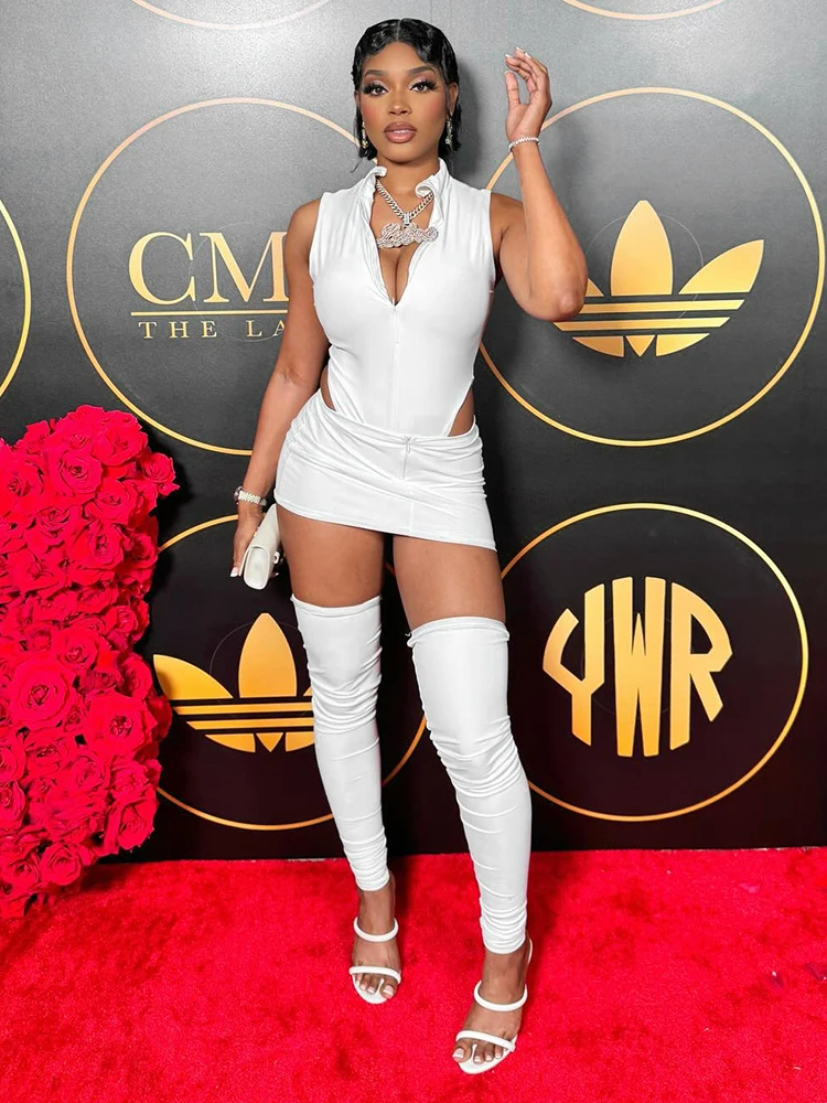 

Сексуальный модный комплект из 3 предметов, женские узкие боди на молнии с лацканами + мини-юбки + чехол на половину, хипстерский комплект для клубной вечеринки