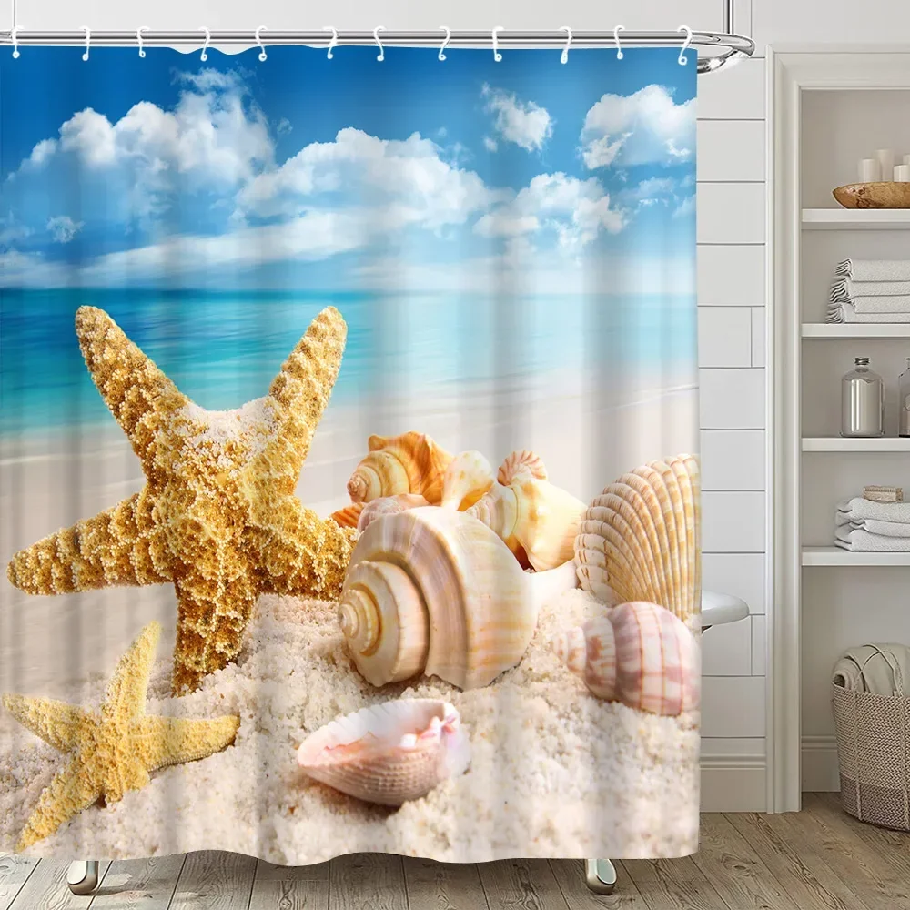 Beach Shower Curtain Starfish Shells Blue Sky Sand Ocean Landscape Polyester Hanging Curtains Bathroom Decoration Set with Hooks