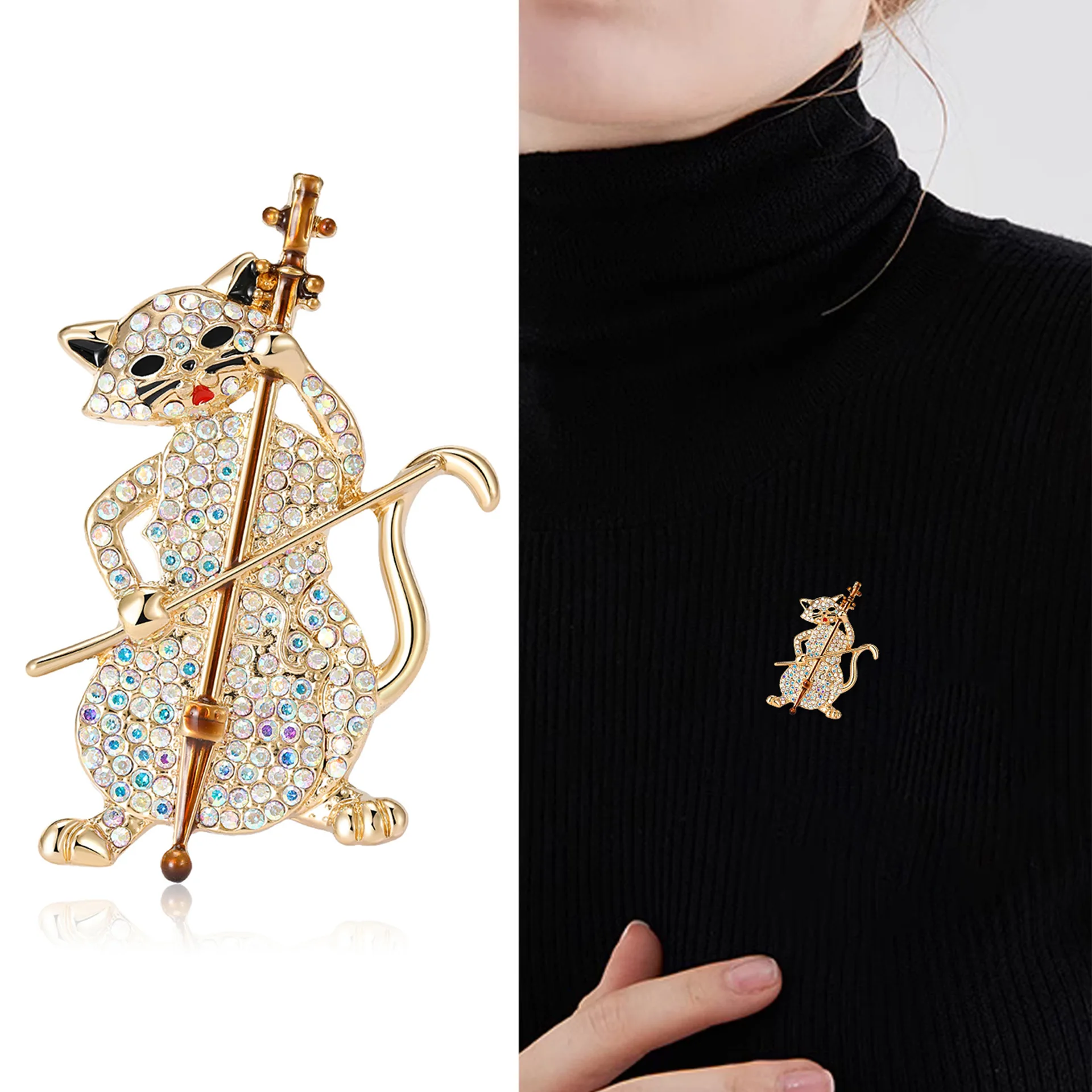 Rhinestone Cute Cartoon Play Cello Cat Brooch Women's Unisexual Instrument Pin 2 Color Office Party Accessories Gift