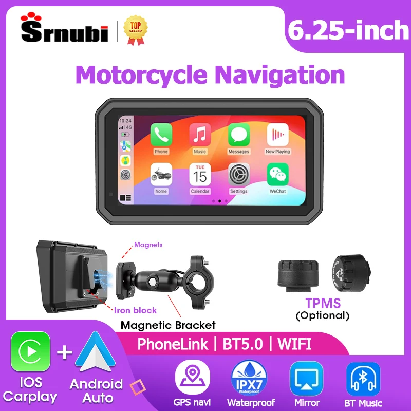 

Srnubi 6.25" Carplay Motorcycle Multimedia Player Motobike Android Auto GPS Navigation Helmet Bluetooth Monitor Magnetic Mount