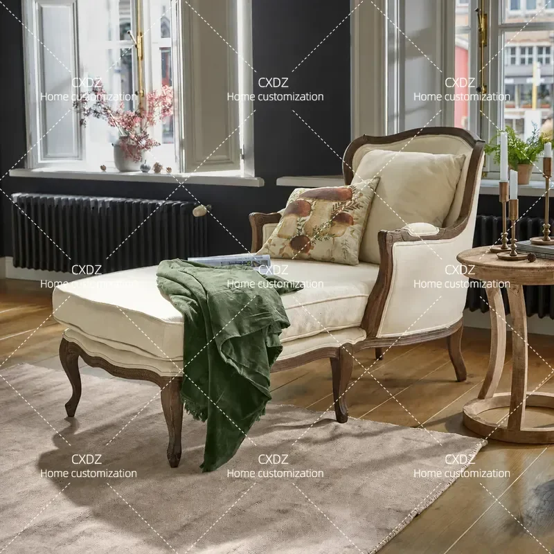 Solid Wood Chair Cotton Linen Fabric Recliner Leisure Armchair for Living Room Villa Master Bedroom Bedside Beauty Couch