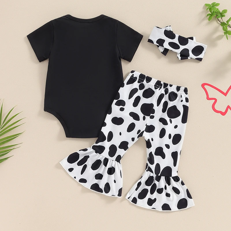 Tenues d'été pour bébés filles, barboteuses à manches courtes imprimées vache, pantalon évasé, bande de sauna, ensemble de vêtements 3 pièces, 2024-04-05