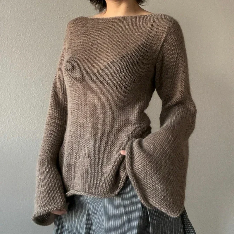 Y2k Frauen Vintage binden rücken freie Pullover Frühling Herbst einfarbig o Hals Langarm gestrickte Pullover Tops Streetwear